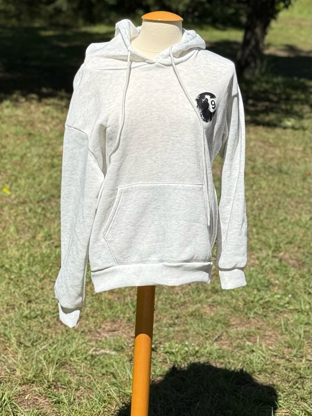 NWOT Men’s light Gray Hoodie with Distressed 9 Ball Size Medium (CBM0003)